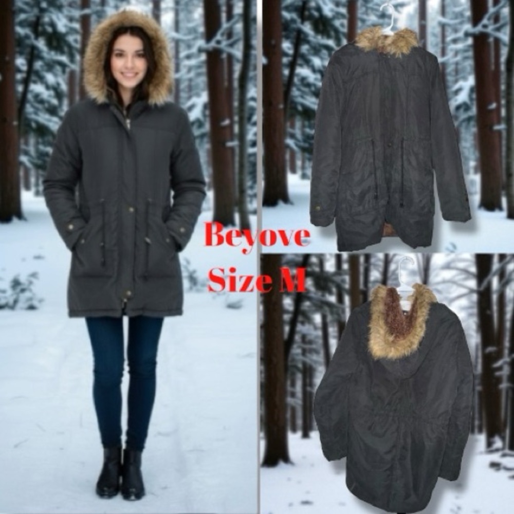Beyove Coat Charcoal Hooded Parka Utility Cargo Faux Fur Trim & Lining Women’s M - Picture 11 of 16